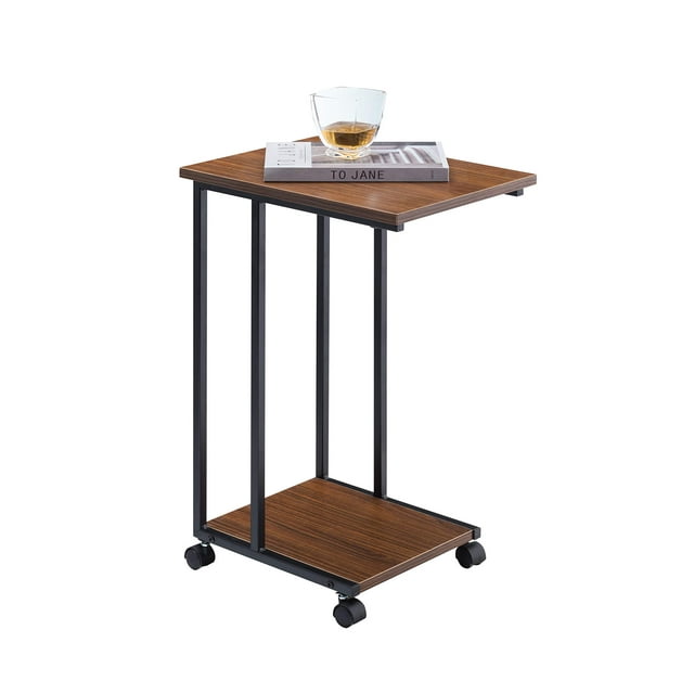 JJS Side End C Table for Sofa, Living Room Couch Table Snack Table That Slide Under for Small Spaces, Walnut