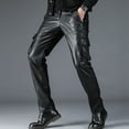 thumbnail image 2 of Wyobmus Men's Faux Leather Cargo Pants Fashion Thickened Warm Elastic Trousers Multi Pockets Motorcycle Working Pants Black, 2 of 9