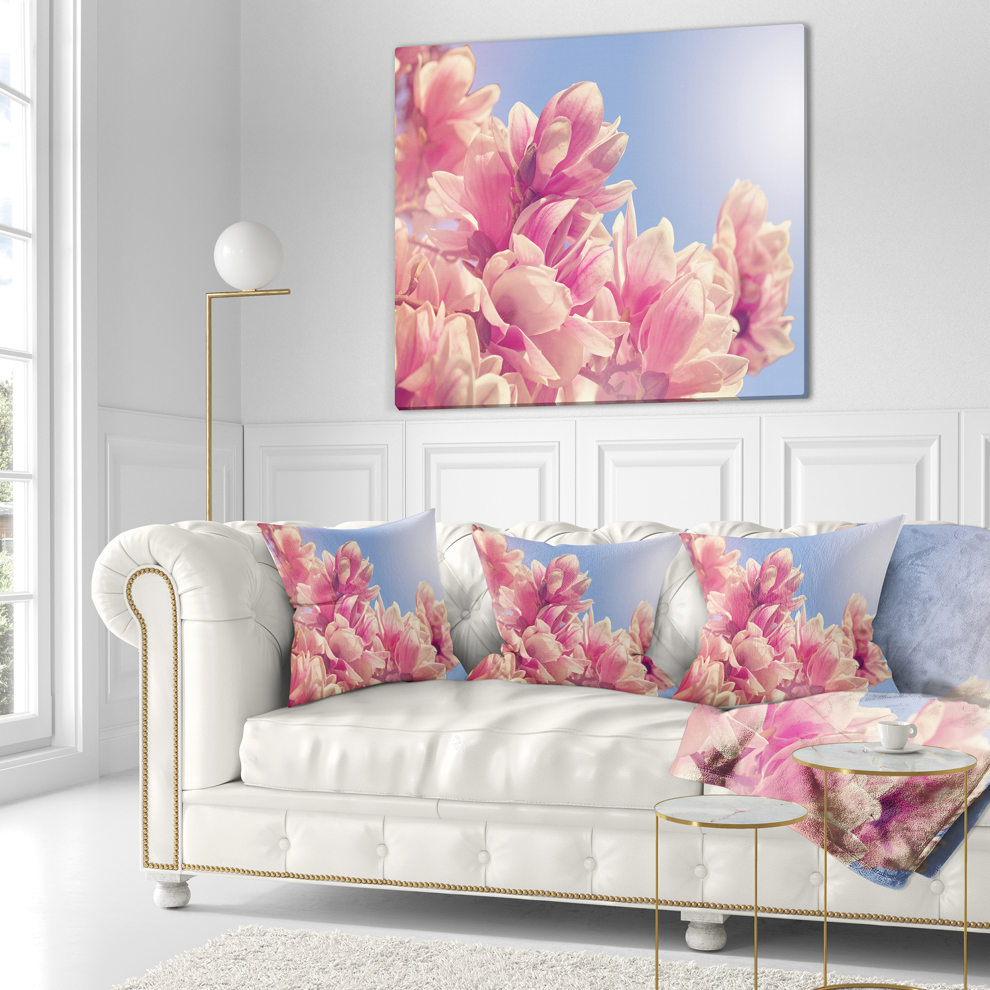 Designart Magnolia Flowers on Sky Background - Floral Throw Pillow - 16x16