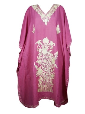 Mogul Women Hot Pink Floral Embroidery Caftan Dress V-Neck Kimono Resort Wear Mid Length Cover Up Kaftan Dresses One Size