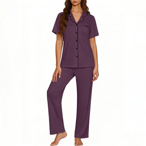 Maqroz 2 Piece Pajama Set for Women Short Sleeve Button Down Top and Pants Soft Solid Color Breathable Sleepwear Summer Lightweight Loungewear with Pockets