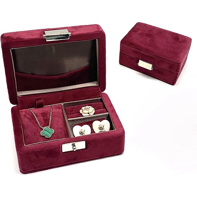 Claret Joyero de viaje pequeño de terciopelo, organizador para anillos, pendientes, collares (clarete)