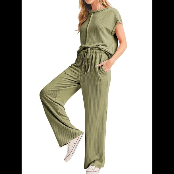 Conjunto Informal de Dos Piezas de Punto Acanalado para Mujer, Camiseta de Corta y Pantalón , Ideal para el Hogar y para Viajes Verde L