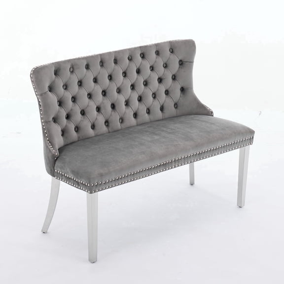 EHANCIS Luxury Velvet Wingback 2-Seat Dining Bench, Diamond Button Tufted Upholstery, Silver Stainless Steel Legs, Modern Decorative Seating for Dining Room, Kitchen and Entryway,Gray