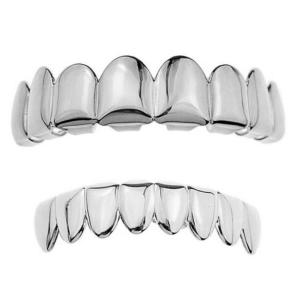 Grillz Set Eight Top Upper Teeth And 8 Bottom Lower Plain Teeth Silver Tone Slugs Hip Hop Grills