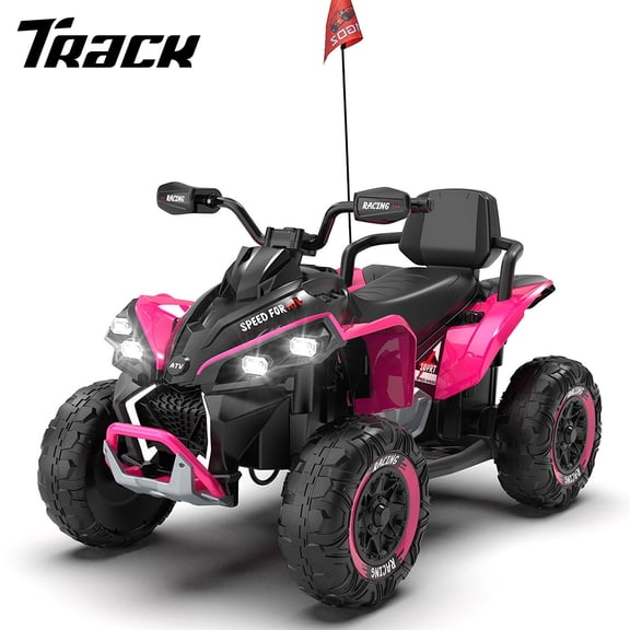 Track Seven 24V Kids Ride-On ATV, 200W Four Wheeler Quad Electric Car with Remote Control, Bluetooth, LED Light, Shock Absorber, Kids Electric ATV for Boys Girls Aged 3 , Pink