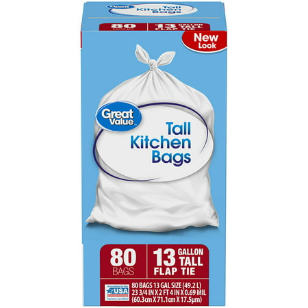Great Value Tall Kitchen Flap Tie Trash Bags, 13 Gallon, 80