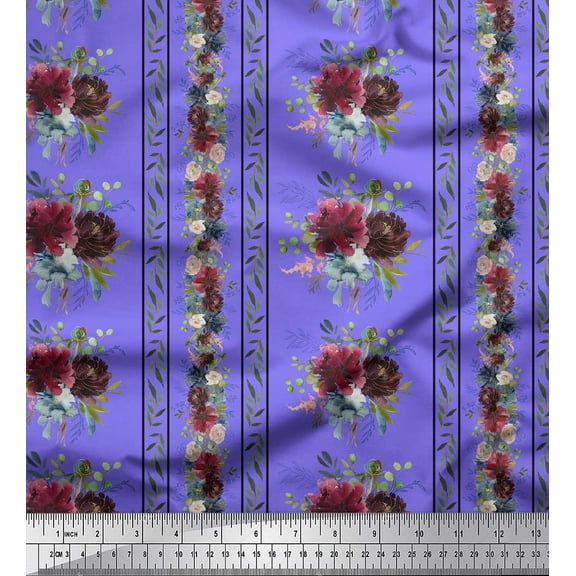 Soimoi Purple Silk Fabric Leaves & Floral Print Sewing Fabric Yard 44 Inch Wide