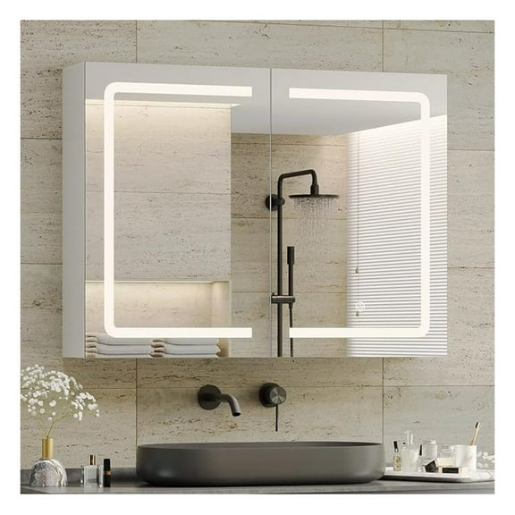 Medicine Cabinet with Mirrors Storage 31.5''x23.6'' Wall Mounted Bathroom Mirror Cabinets with Double Doors Mirror Lighted Medicine Cabinets with Adjustable Storage Shelf,White