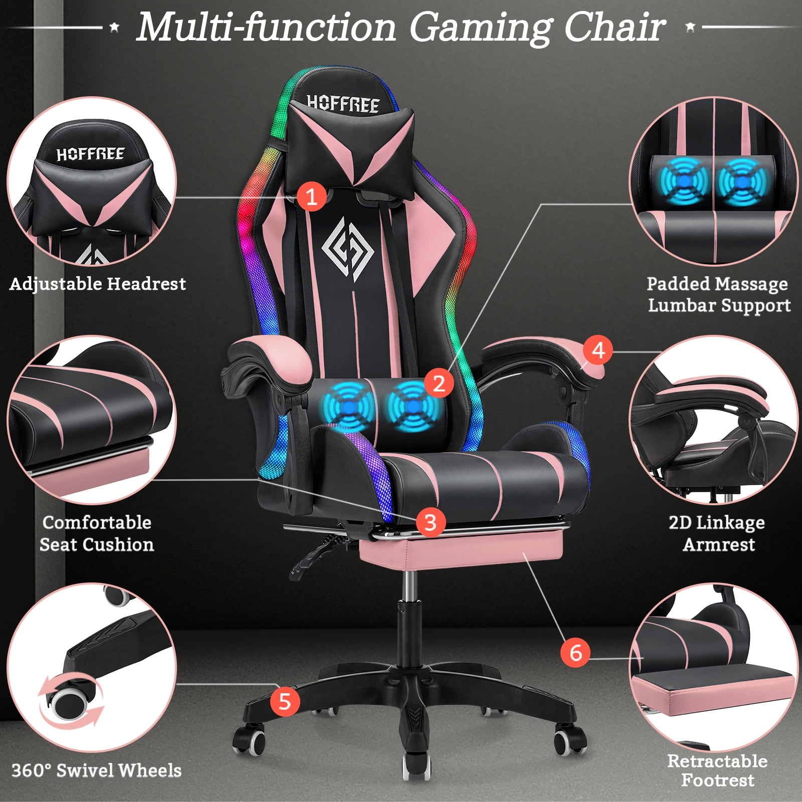 Hoffree Gaming Chair with Bluetooth Speakers and Footrest Massage Office Chair with LED Lights Ergonomic Game Chair High Back with Lumbar Support and Headrest Adjustable Swivel for Adults 300lb