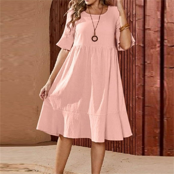 Ersazi Casual Dresses for Women on Clearance Women's Fashion Casual Round Neck Cotton and Linen Solid Color Short Sleeve Dress Pink L