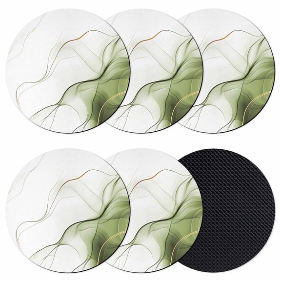 Marble Sage Green Coasters Set of 6, Gold White Modern Gradient Ocean Wavy Absorbent Coasters for Drinks, Coaster for Bar Office Dining Coffee Table Accessories Decor, Non Slip Round Desk Coaster