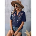 thumbnail image 2 of Mexican Shirts for Women Embroidered Traditional Summer Blouse Floral Tunic V Neck Short Sleeve T Shirt Navy Blue M, 2 of 6
