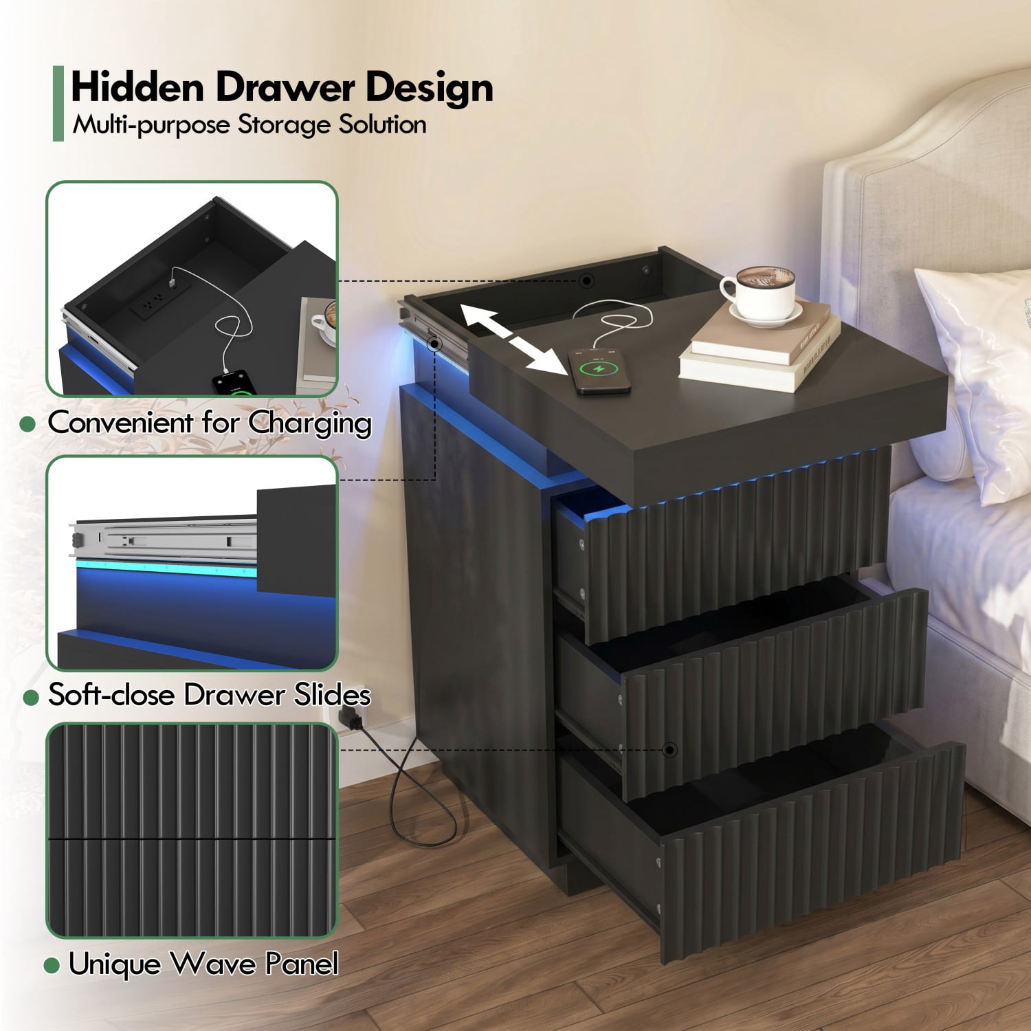 Hommoo Nightstand End Table Set of 2 with Fast USB Charging Station, Modern Wood Storage Sofa Side Table with 2 Drawers and LED lights, for Living Room,Bedroom,Office, Black
