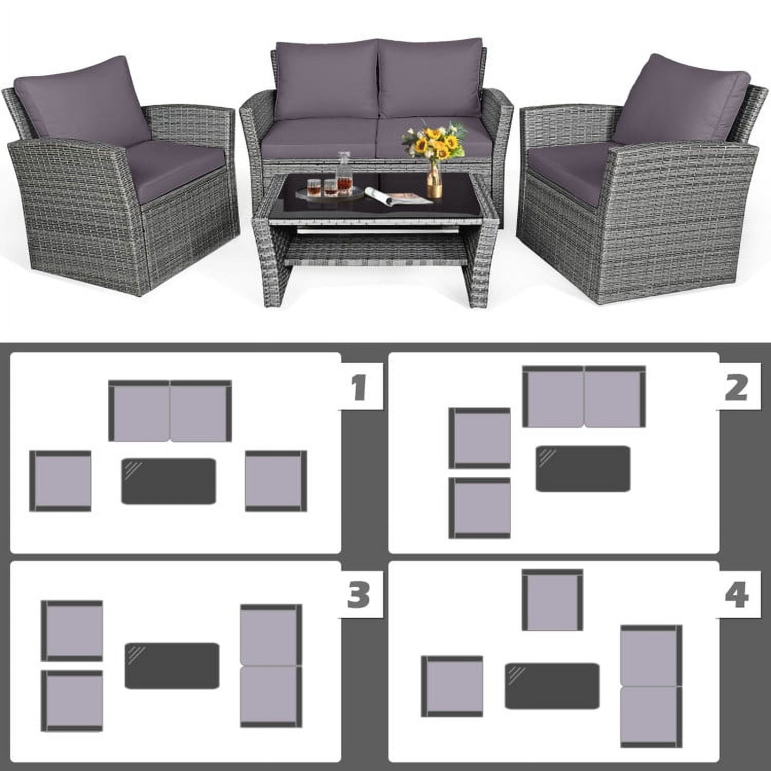Aimee Lii 4 Pieces Wicker Patio Furniture Set Sofa Table with Storage Shelf Cushion, Modern Patio Furniture, Gray Aimee Lii 4 Pieces Wicker Patio Furniture Set Sofa Table with Storage Shelf Cushion, Modern Patio Furniture, Gray