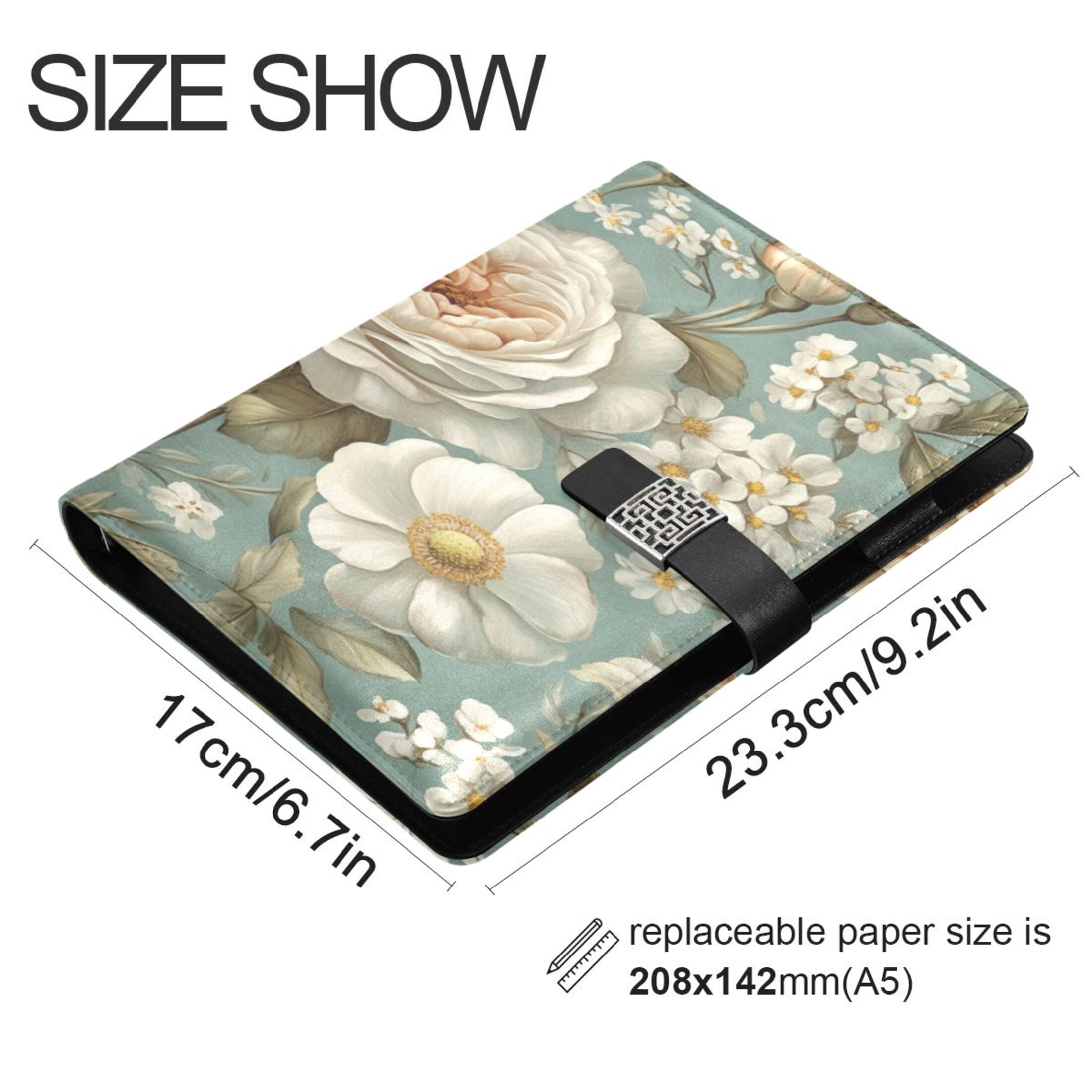 9.2x6.7 inch Leather Notebook 100 Sheets, Multi-Pocket Design & Pen Loop Vintage Floral Pattern Refillable Journal Organizer