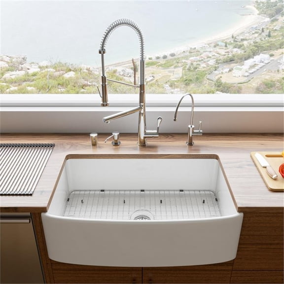 Pemberly Row White Curved Apron 33" x 20" Single Bowl Fireclay Farm Sink w/ Grid