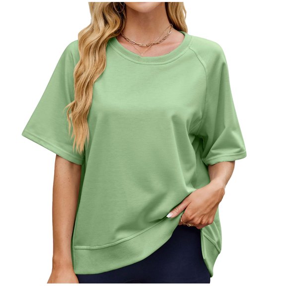 Vynhevius Womens Sweatshirts Crew Neck Raglan Short Sleeve Ribbed Hem Solid Loose Casual Pullover Tops