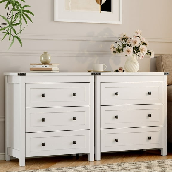 FANRAL Nightstand Set of 2,3 Large Drawer,29.5" Tall Night Stand,27.5" Wide Side Table,Wood Bedside Table Modern End Table,Small Wide Dresser for Bedroom,White Nightstand