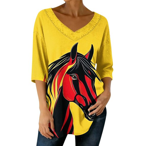 Idoravan Womens Tops Dressy Casual 3/4 Sleeve Women's 3/4 Sleeve V-Neck Pullover Casual Loose-Fitting Printed Top D Multicolor Xl