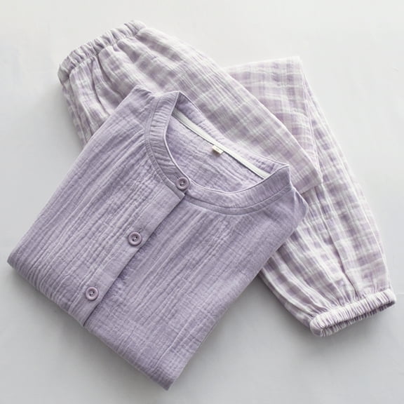 Checkered unprinted style sleepwear for women, spring and summer, pure cotton gauze, thin long sleeved cardigan, home suit set