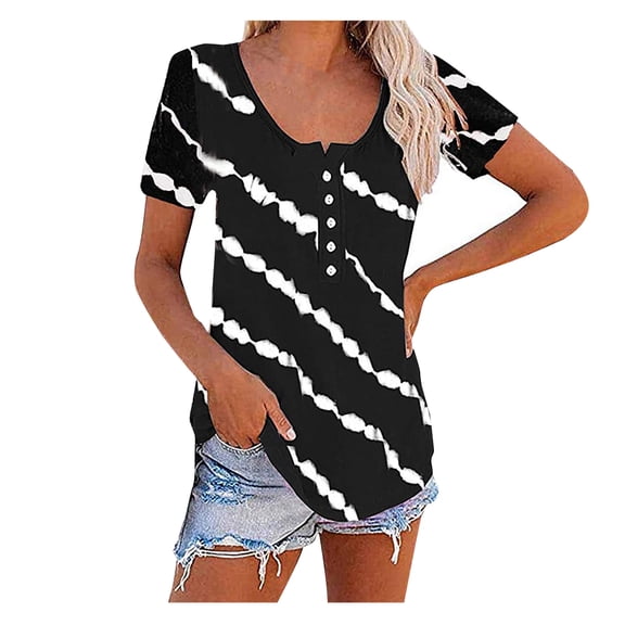 TIHLMK Shirts for Women Black Fashion Women Twill Button Neckline Short Sleeve Round Neck Casual T-shirt Gift for Womens Tops