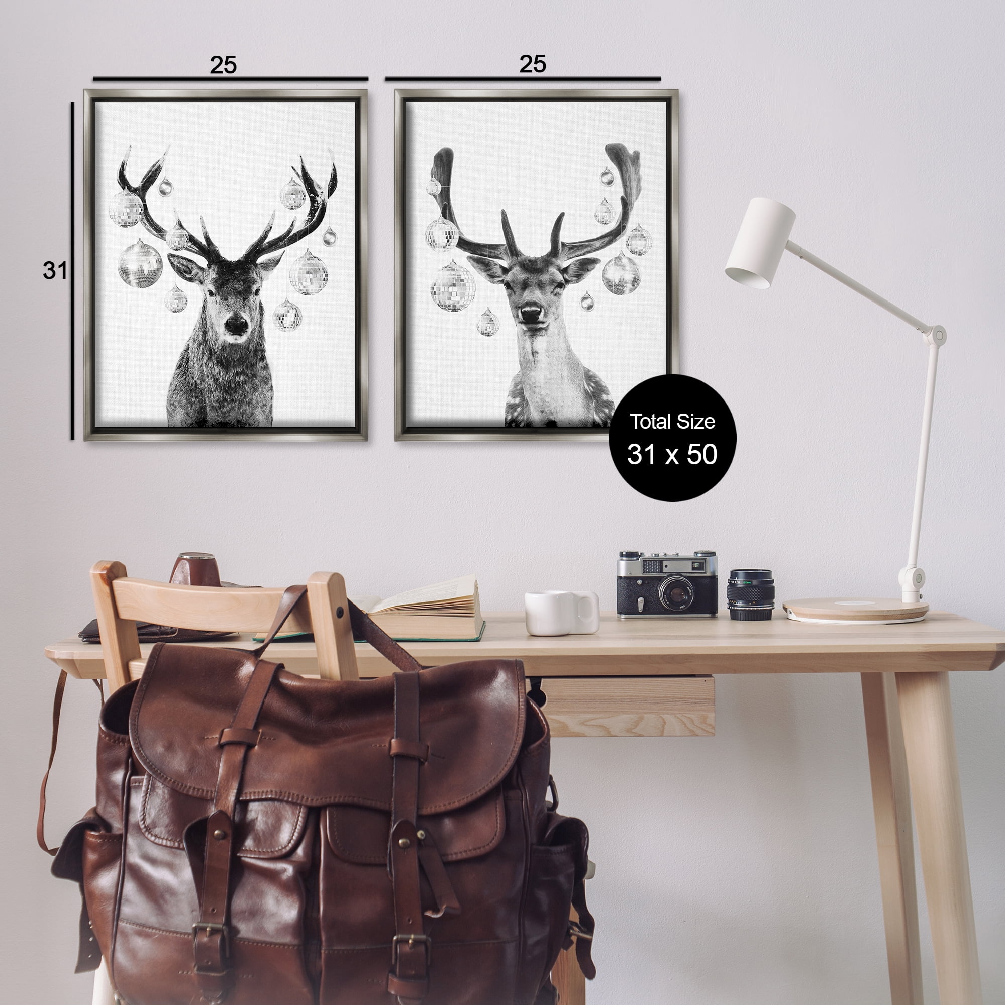 Stupell Industries Black and White Disco Deer Holiday Painting Gray Floater Framed Canvas Art Print Wall Art, 31 x 25, Set of 2