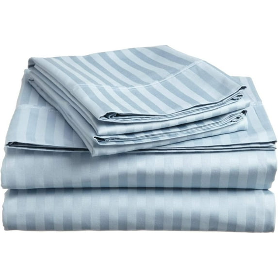 True Luxury Pure Heavy Rich Pima Cotton 4-Piece Bed Sheets Set Short Queen Size Fits mattresses Upto 16-20” deep Pocket – Sateen Weave (Stripe, Light Blue)
