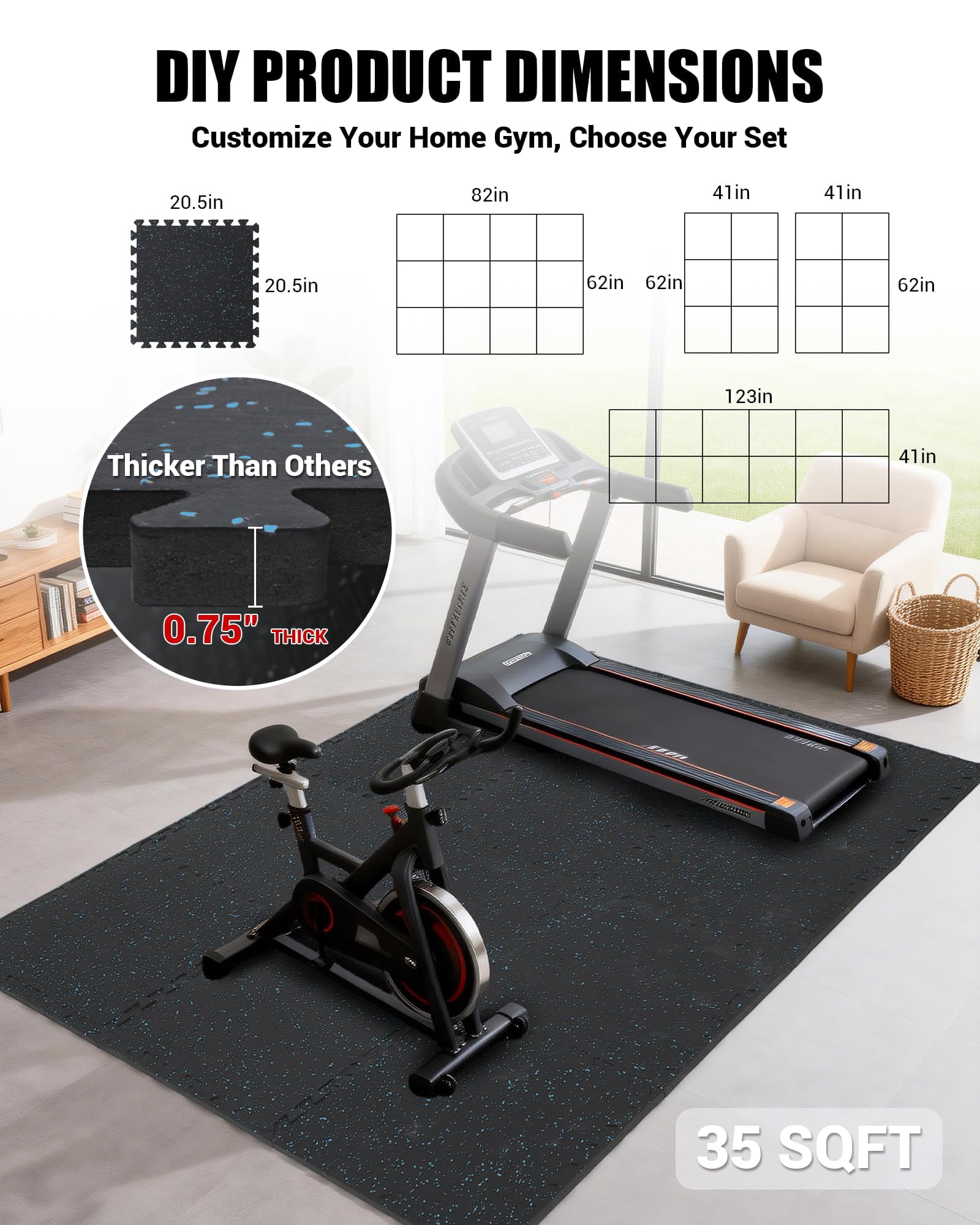 PYY Interlocking Gym Flooring Tiles Rubber Top with EVA Foam Approx 0.6in Thick Puzzle Exercise Mats for Home Gym Workout Heavy Equipment Base Black with Blue Flecks