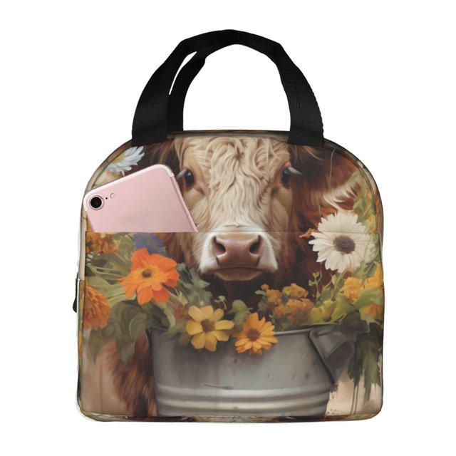 Fotbe Bucket Flower Cow Bolsa Térmica con Estampado y Forro de Aluminio Grueso Bolsa de Almuerzo con Bolsillo Frontal para Hombres y Mujeres, Ideal para Trabajo, Escuela