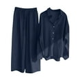 thumbnail image 1 of ICHUANYI Clearance Women Two-piece Color-blocking Single-breasted Long-sleeved Lapel Shirt Shorts Loose Fashion Casual Suit(Navy, XL) ICHUANYI WER2023080916921, 1 of 7