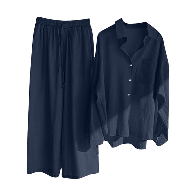 ICHUANYI Clearance Women Two-piece Color-blocking Single-breasted Long-sleeved Lapel Shirt Shorts Loose Fashion Casual Suit(Navy, XL) ICHUANYI WER2023080916921