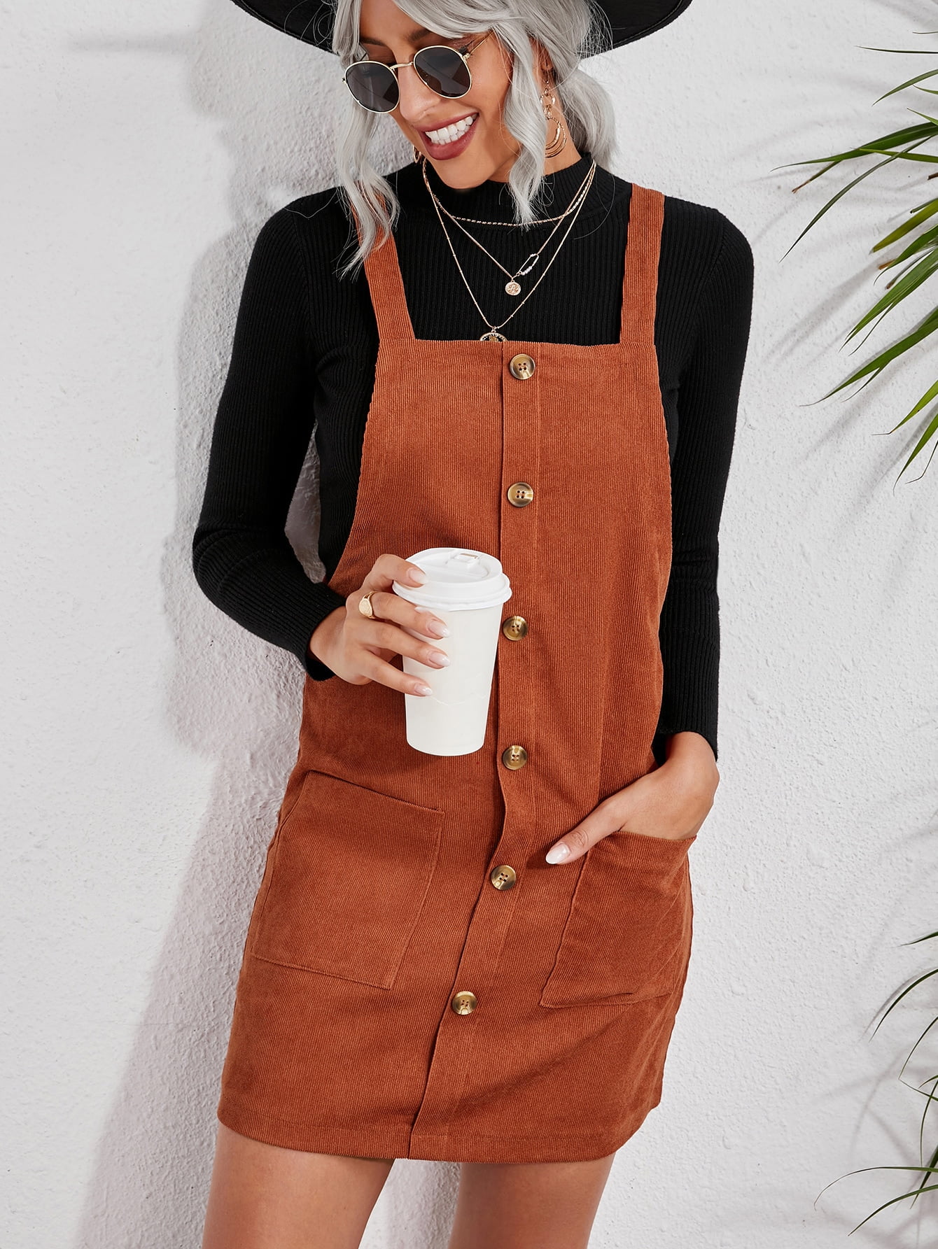 burnt orange corduroy overall dress CUPSHE Women's Corduroy Dress With Front Bib Pockets Square Neck Mini  Overalls Style