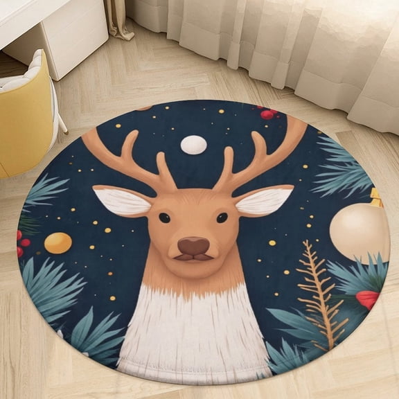 Christmas Reindeer And Ornaments Pattern Round Area Rugs for Bedroom Living Room, 3FT Soft Indoor Circle Carpets, Carpet Home Decor Floor Mat