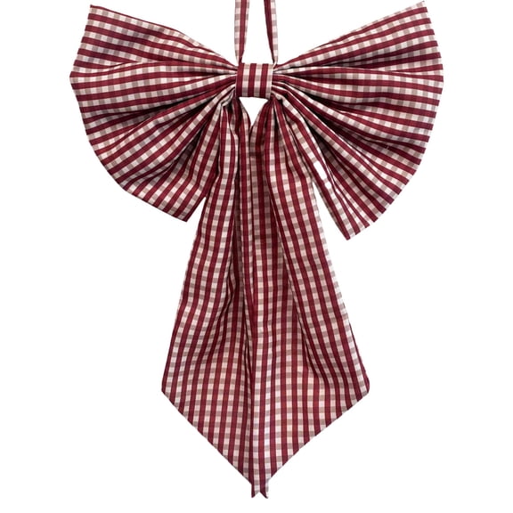 Christmas Wreath Bow Front Door Hanger, 13.8" Polyester Xmas Bow for Holiday Party, Indoor & Outdoor Decor, Wine, Bow