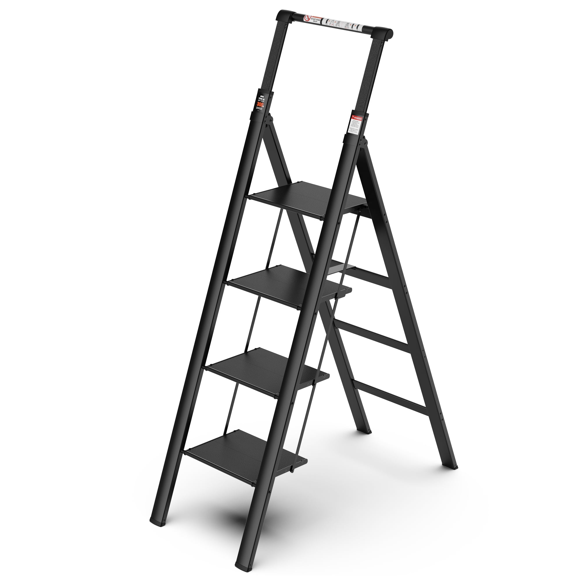 Kadyn Aluminum Retractable 4 Step Ladder, Folding Step Stool with Anti-Slip Wide Pedal, Black Portable Lightweight Ladder for Home, 300lbs Safety Household Ladder