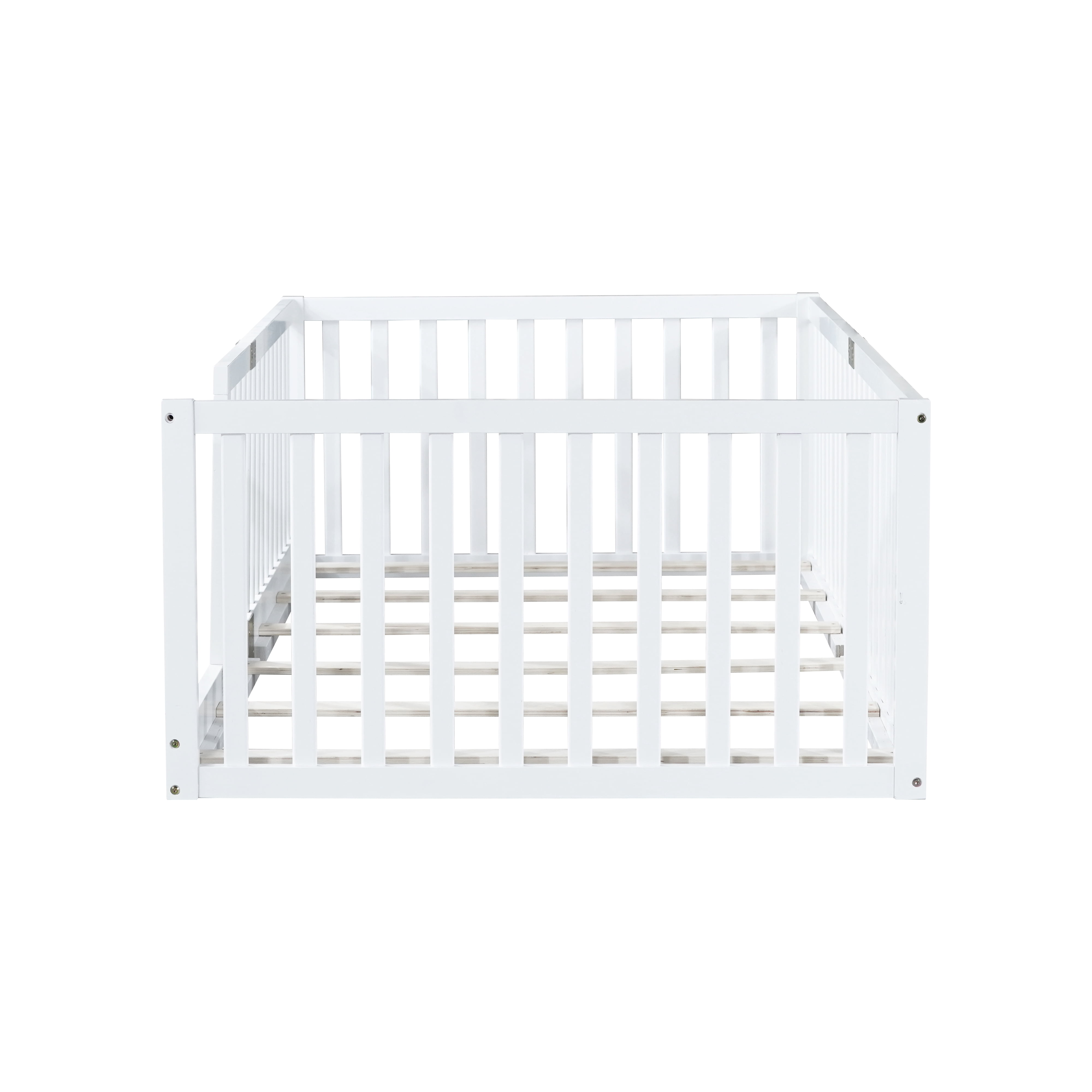 Miniyam Twin Size Floor Bed with High Safety Fence for Kids, White