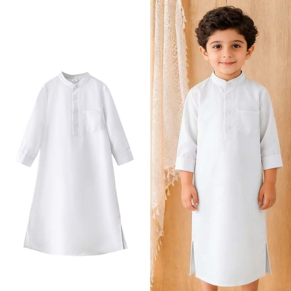 Thobe for Boys Long Sleeve Button White Long Thobe Eid Outfit Size 4-5 Years Boys Clothes
