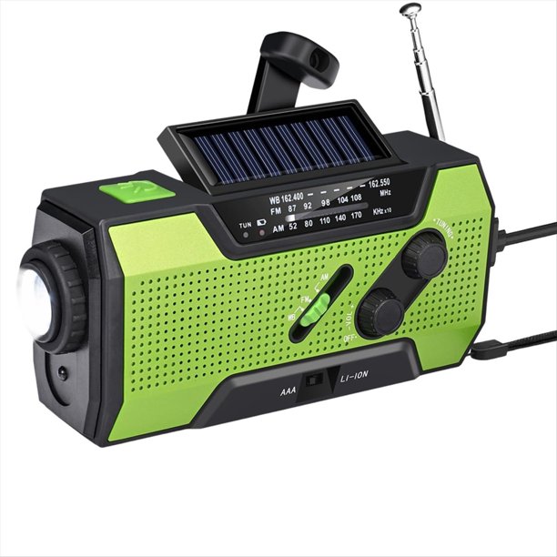 Radio Meteorológica de Emergencia con Manivela, Portátil, Carga Solar, Linterna LED AM/FM/, Alerta SOS de 2000 MAh