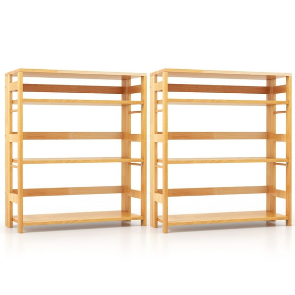 Gymax 2PCS 4-Tier Bookshelf Floor Storage Shelf w/ Rubber Wood Frame Anti-Toppling Kits