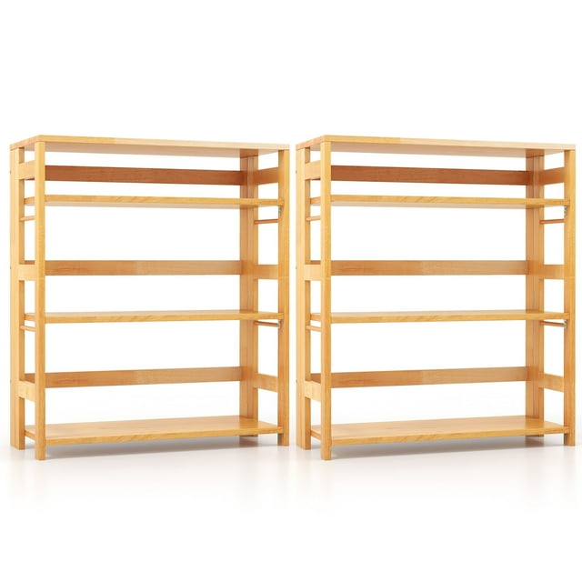 Gymax 2PCS 4-Tier Bookshelf Floor Storage Shelf w/ Rubber Wood Frame Anti-Toppling Kits