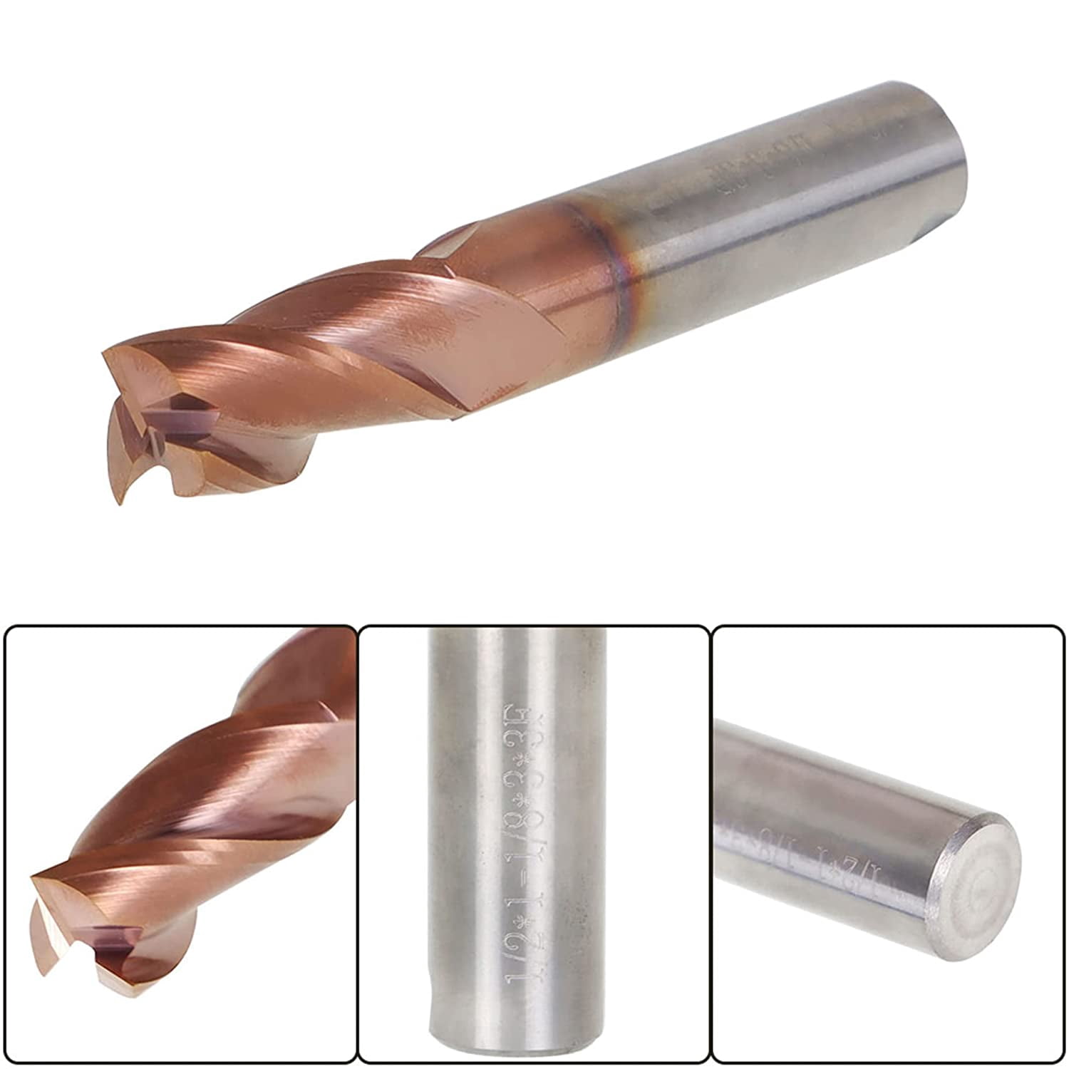 1/2 Inch 3 Flute Carbide Square End Mill, 37 Degree Helix ZRN Coating Mill Bits