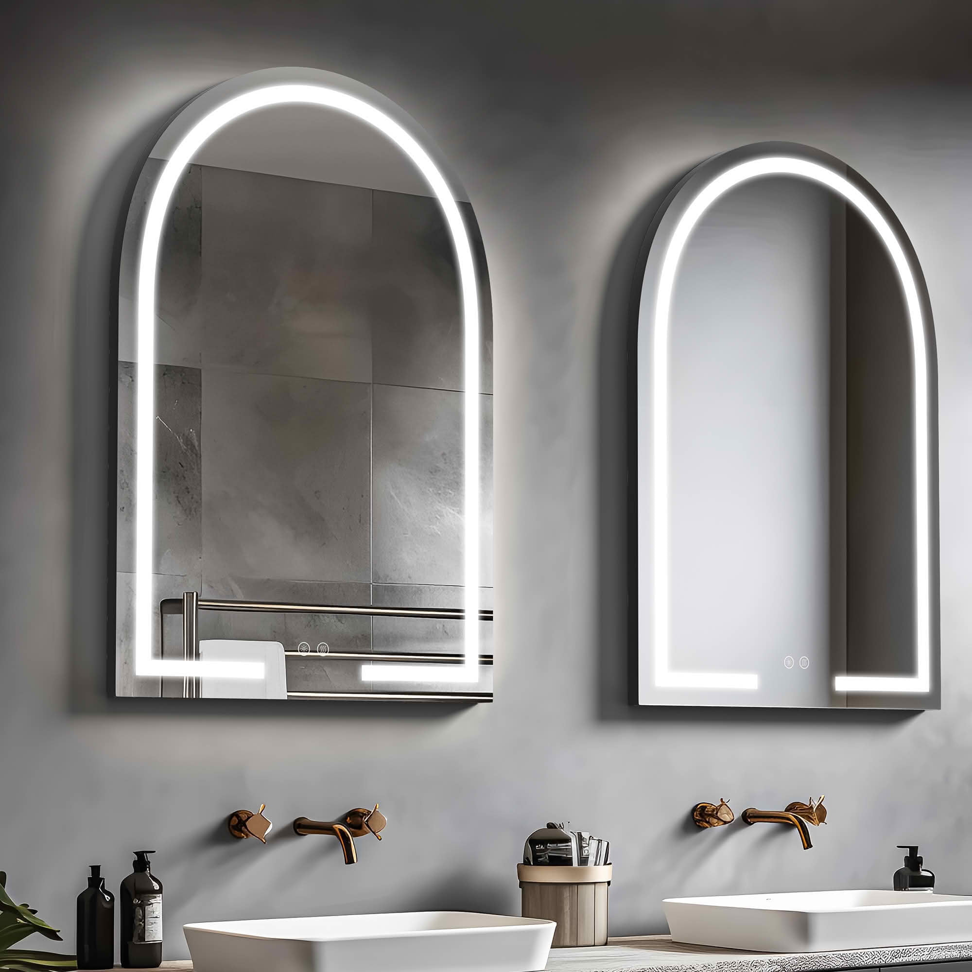 MAYEERTY 38x26 Inch LED Aluminum Arched Bathroom Mirror with Backlight, Defogger & 2 Switches for Bathroom