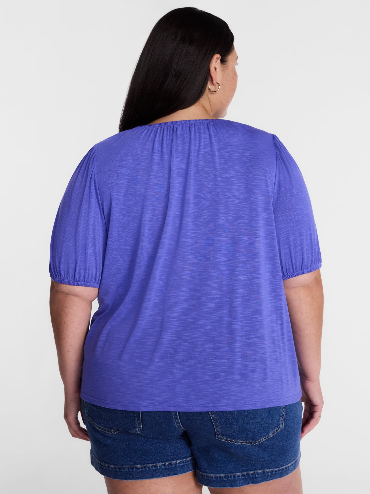 Terra & Sky Women's Plus Scoop Neck Top with Short Puff Sleeves, Sizes 0X-5X
