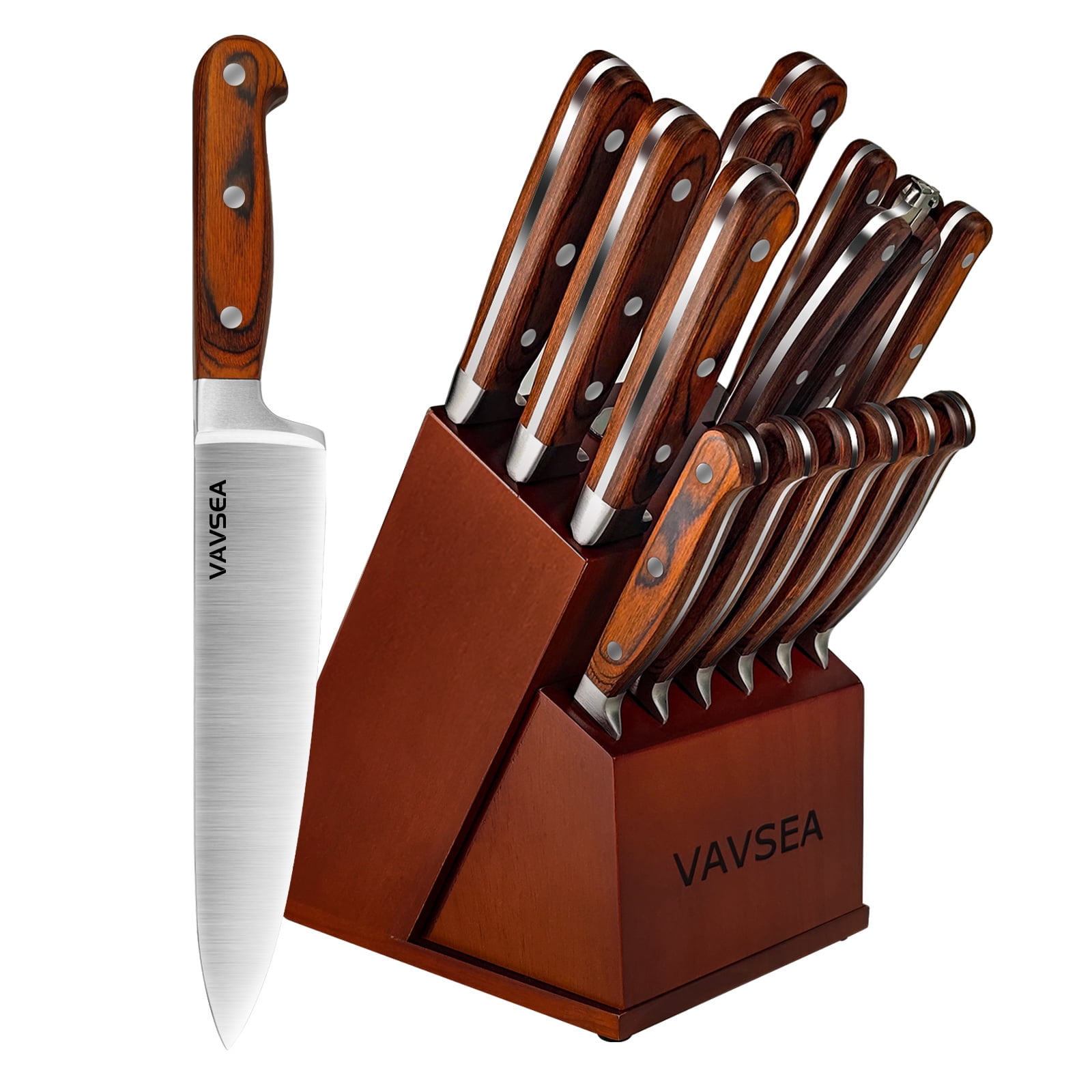 VAVSEA 25 Pieces Kitchen Knife Set With Block, Stainless Steel Knife Set  Classic Solid Wood Base in Home