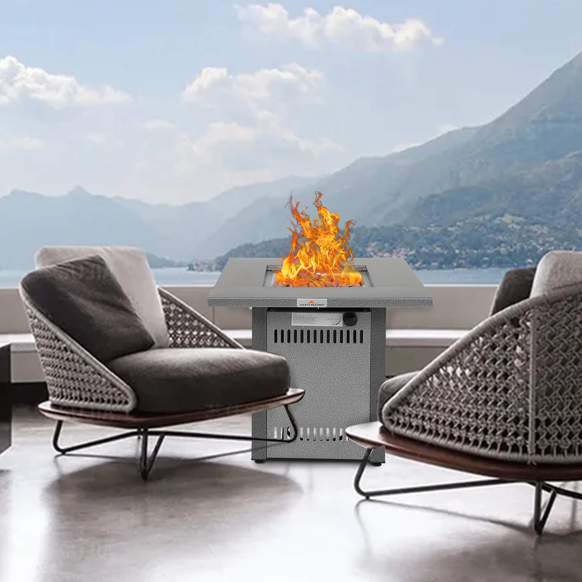 LEGACY HEATING 28IN 50000BTU Square Fire Pit, Hammered Silver Finish