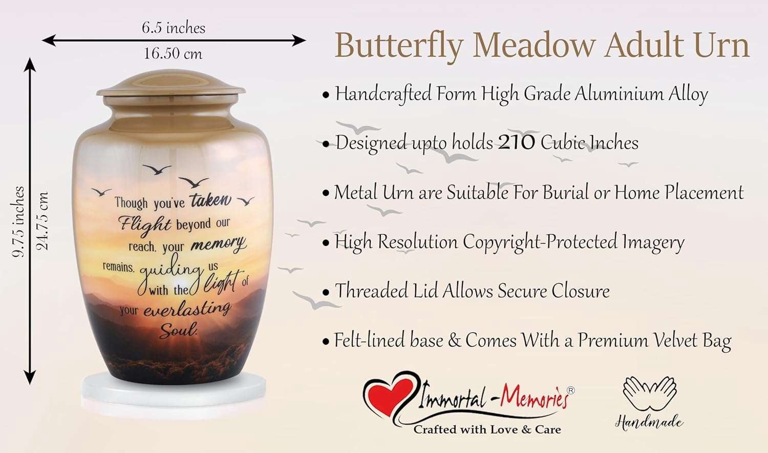 Soulful Flight Cremation Urn for Adult Ashes Sunset Memorial Urn with Birds Large Metal Funeral Urn for Human Ashes Holds Up to 210 Cu In 6.5x6.5x9.75 Inch