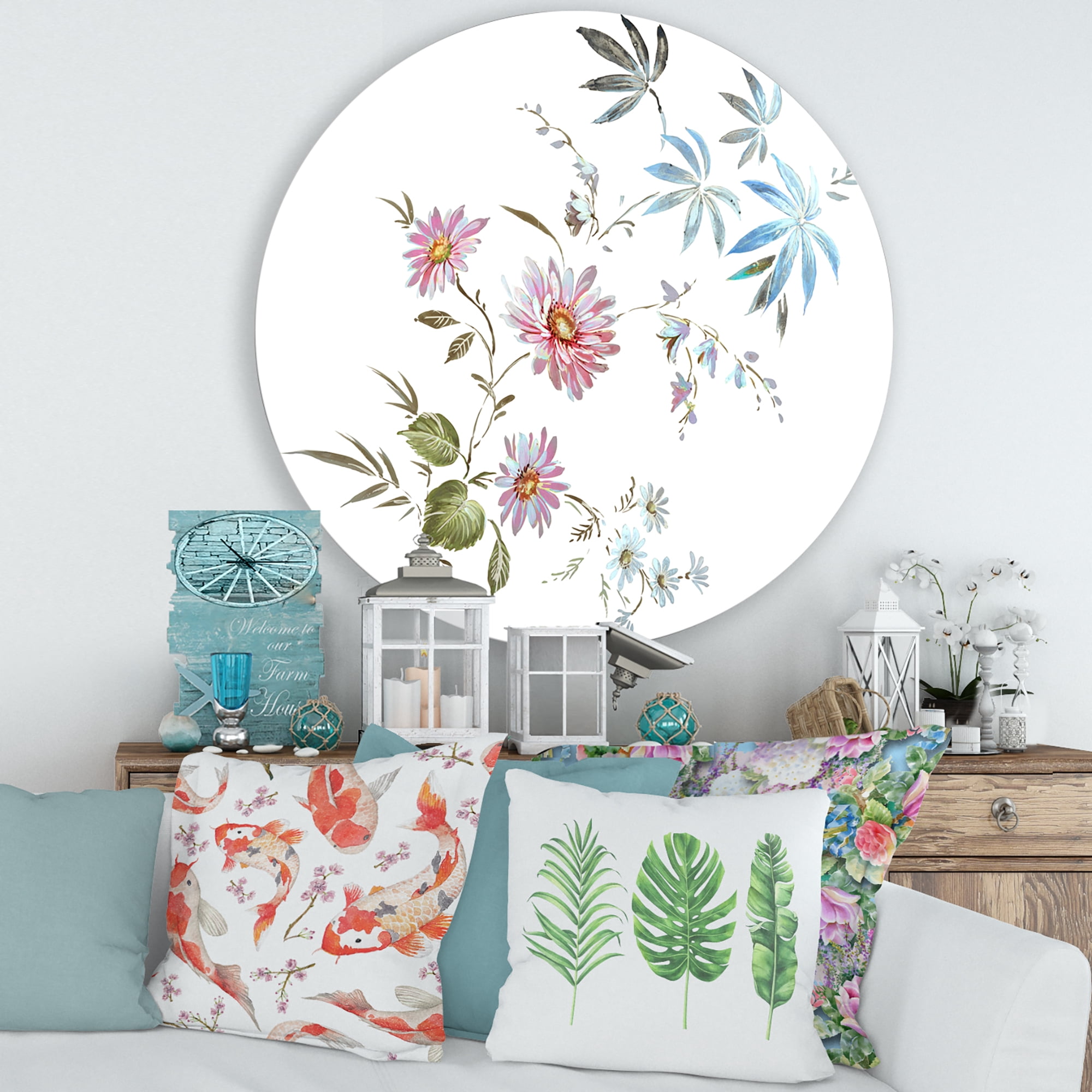 Designart 'Pink and Blue Wildflowers I' Traditional Circle Metal Wall Art 36x36 - Disc of 36