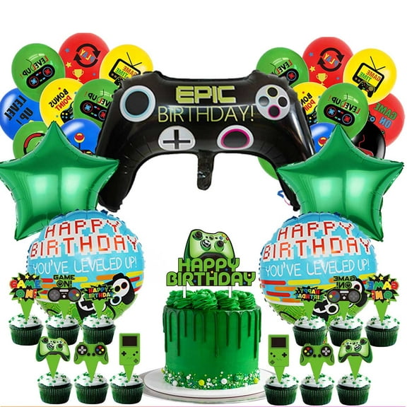 Game Green Balloons Cake Topper Party Supplies Birthday Set Decorations Kit Fans
