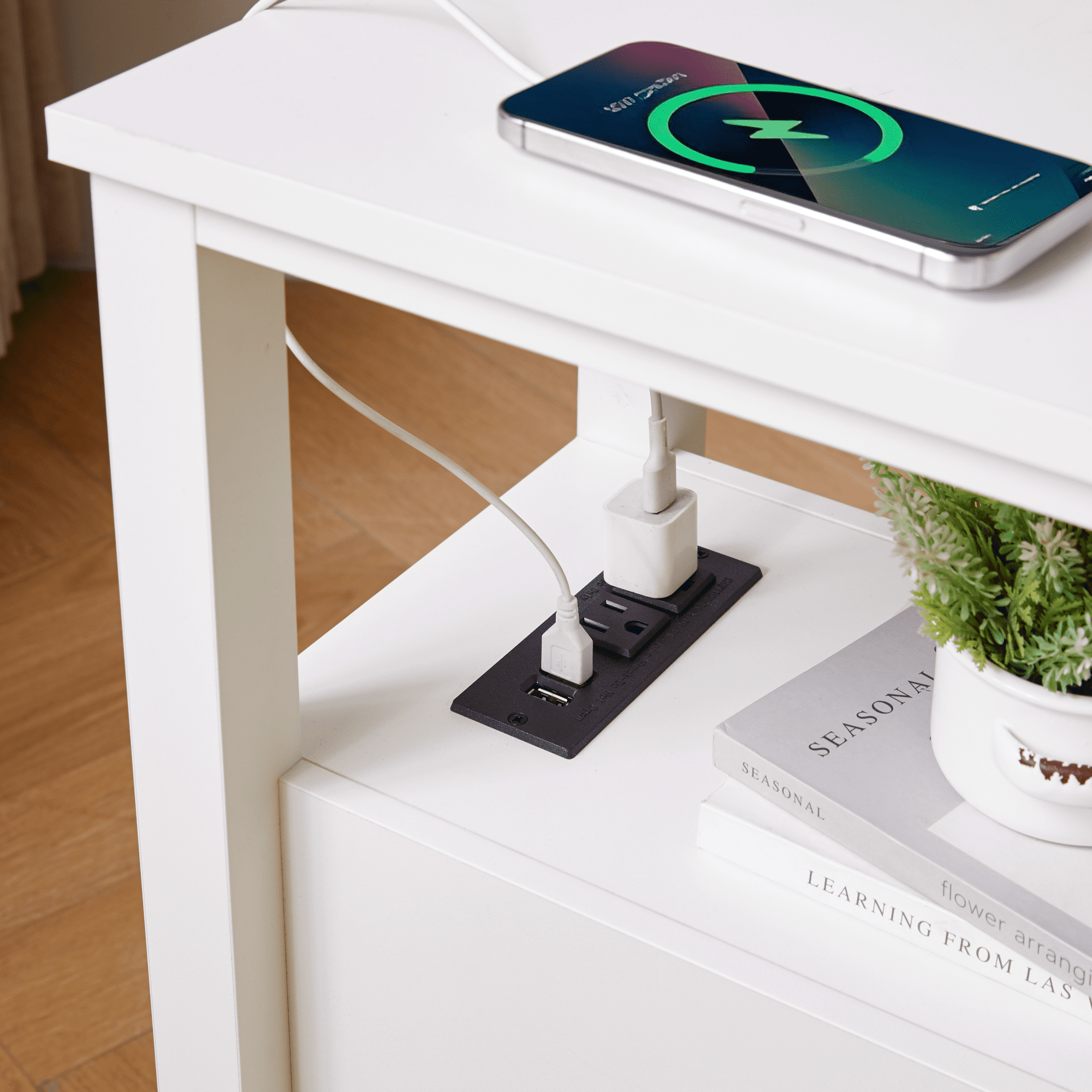 Leumius End Table with 2 Drawers & Charging Station,Side Tables with USB Ports & Outlets,Small Wood Bedside Table for Living Room Bedroom,White